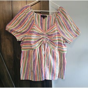 Lane Bryant Colorful Stripe Peasant Top Boho Tie Front Blouse Plus Size 22 Flowy